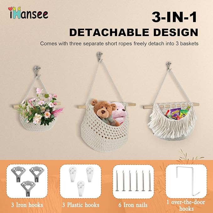 Hanging Baskets for Organizing, 3 Tier Detachable Wall Hanging Fruit Basket Over the Door Organizer for Fruit Vegetable Plant, Beige Boho Cotton Crocheted Fruit Holder for Kitchen Bathroom Bedroom