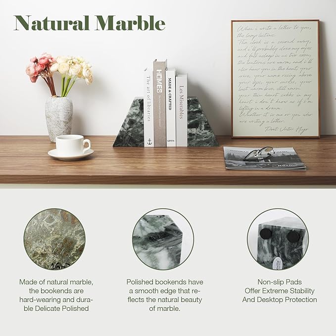 Marble Bookends for Heavy Books, Decorative Bookends for Shelves, Green Stone Book Ends, Heavy-Duty Book Ends for Hardback Book & Cookbooks, Unique Book Stopper & Holder, Set of 2