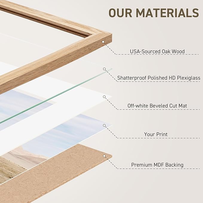 5x7 Picture Frame Natural Solid Oak Photo Frames with 4x6 Removable Mat Wall Hanging Large Handcrafted Frame with HD Plexiglass Wall and Tabletop Display Large Poster Frame