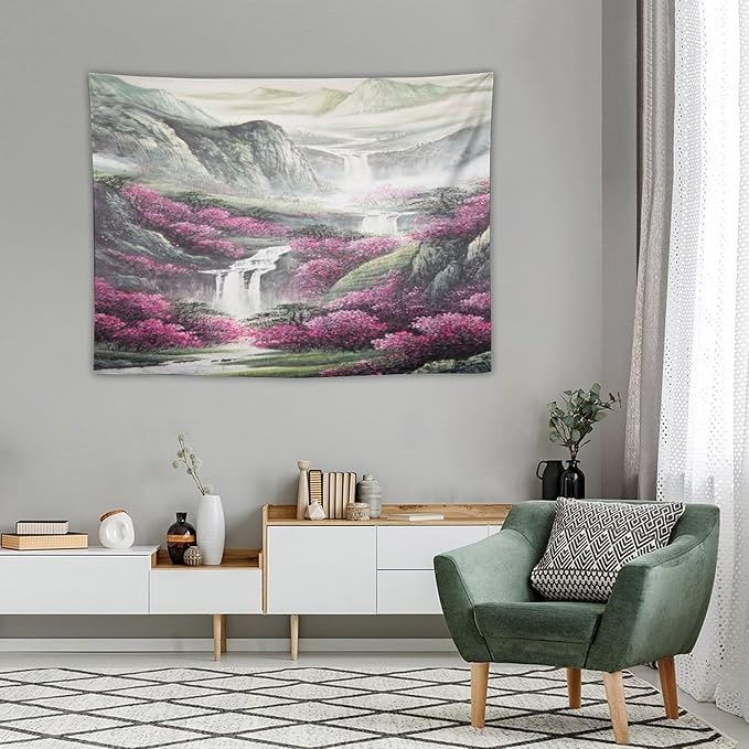 Japanese Tapestry, Red Plum Blossom Mountain, Nature Landscape, Bedroom Living Room Decor, 40"x30"