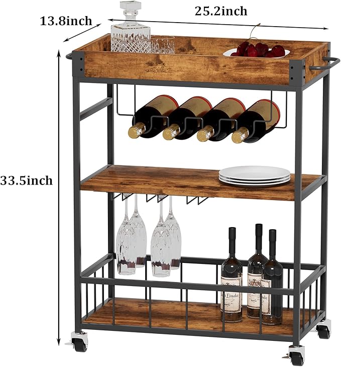 Bar Cart Serving Wine 3 Tier Home Rolling Rack with Wheels Mobile Kitchen Industrial Vintage Style Wood Metal Serving Trolley Serving Cart,Glass Holder Bar Cabinet