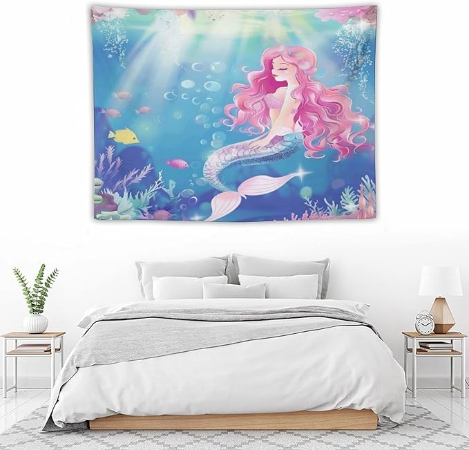 HZOHNAGO Mermaid Girls Tapestry Watercolor Mermaid Princess Pink Hair Pattern for Kids Room Decoration Printed Wall Tapestry Wall Hanging for Bedroom Living Room Dorm 40" W x 30" H