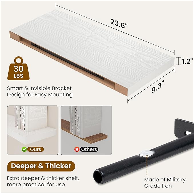 Fun Memories 24 Inch Floating Shelves for Wall, 9 Inch Deep White Rustic Wood Wall Mounted Shelves for Bathroom, Kitchen, Living Room, Set of 2