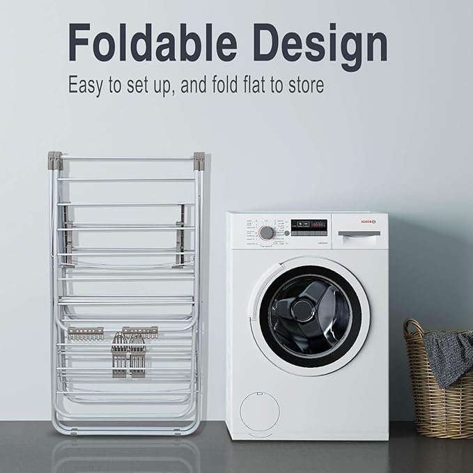 Large Capacity Double Drying Rack, Folding Rustproof Drying Rack with Non-Slip Clips and Drainage Shoe Rack, Height Adjustable, Airy and Quick Drying, Suitable for Balcony and Outdoor Use