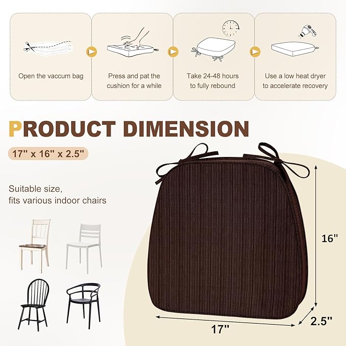 downluxe Chair Cushions for Dining Chairs, Waterproof Kitchen Chair Pads, Non-Slip Dining Seat Cushion with Ties, 17" x 16" x 2.5", Brown, 4 Pack