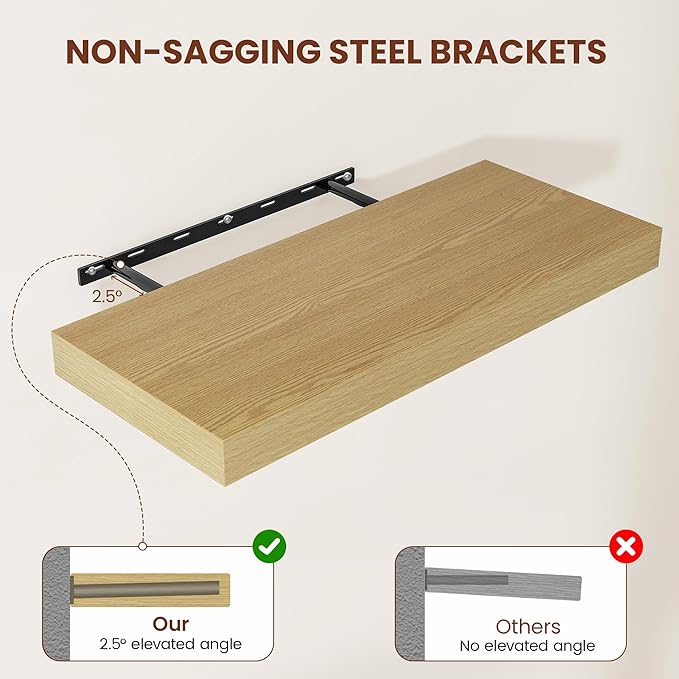 12 Inch Deep Floating Shelves 55 inch Long, 55 x 12 Wide Wall Shelves with Invisible Brackets, Heavy Duty Shelf for Bedroom Bathroom Living Room Kitchen Office Home Decor, Modern Shelf Set of 2, Oak
