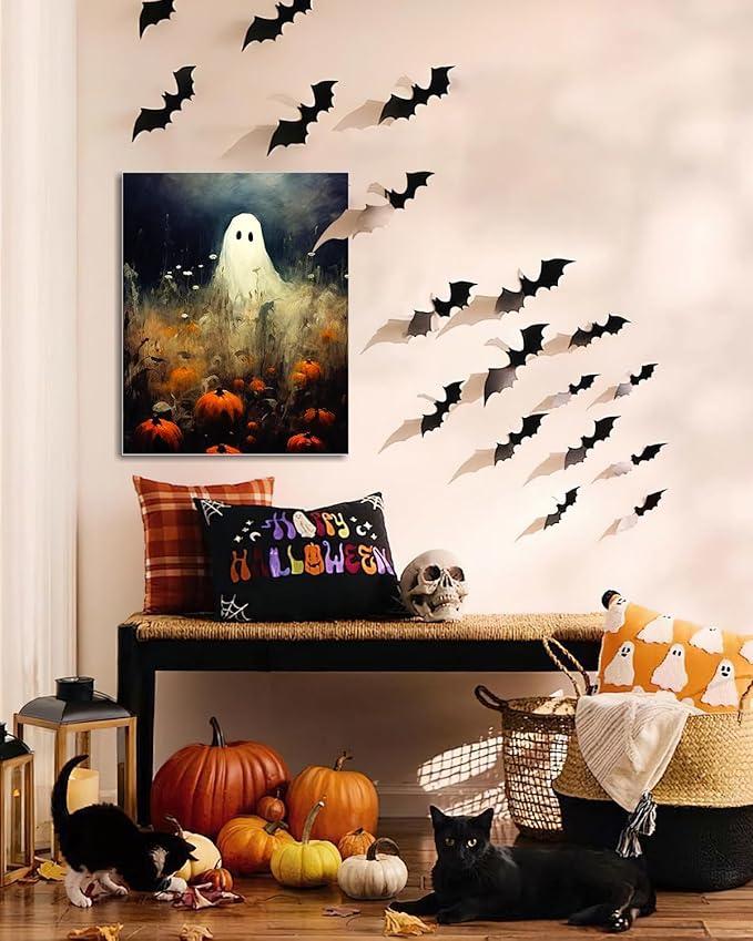 Halloween Canvas Wall Art, Spooky Ghost in Pumpkin Patch Poster, Vintage Gothic Fall Decor, Dark Academia Fall Decor for Living Room, Framed Indoor Halloween Decorations