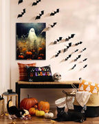Halloween Canvas Wall Art, Spooky Ghost in Pumpkin Patch Poster, Vintage Gothic Fall Decor, Dark Academia Fall Decor for Living Room, Framed Indoor Halloween Decorations