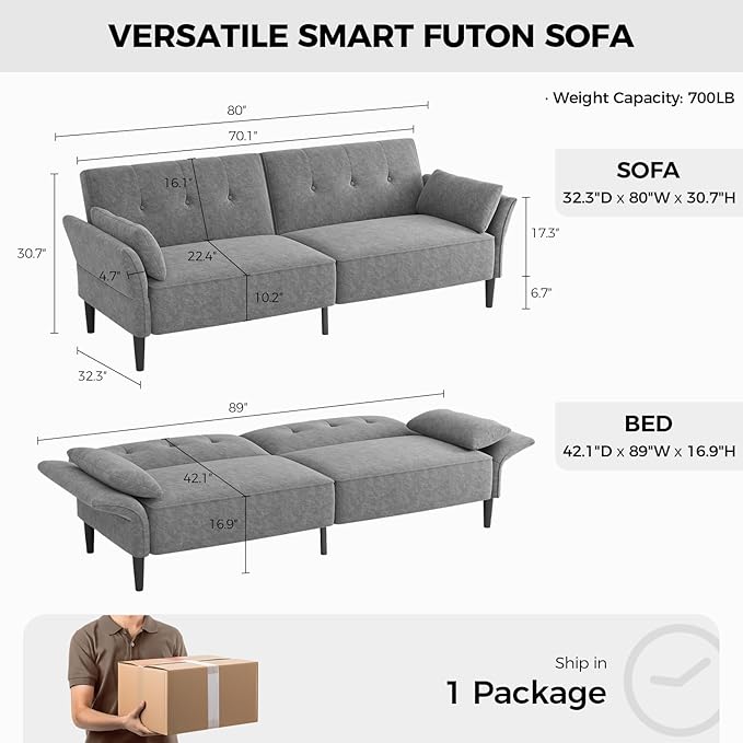 89” Futon Sofa Bed, Comfy Futon Couch Bed with 2 Square Pillows, Convertible Sleeper Sofa with Adjustable Backrest& Armrests, Modern Loveseat Sleeper for Living Room, Bedroom, Light Gray