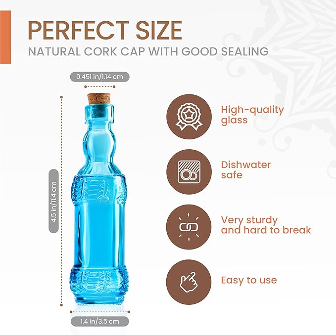 Small Blue Vintage Glass Bottles with Corks, Mini Vases, Decorative, Potion, Assorted Design Set of 12 pcs, 4.6 Inch Tall (11.43cm), 1.4 Inch Wide (3.56cm)
