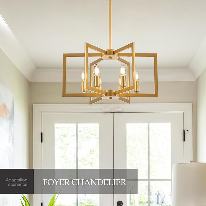 Modern Farmhouse Gold Chandeliers for Dining Room, 6-Light Industrial Metal Chandeliers Geometric Pendant Lights Kitchen Island for Entryway Stairway Foyer Hallway