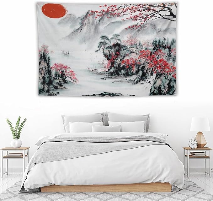Cherry Blossoms Tapestry,Japanese Red Landscape Asian Watercolor Abstract Art Tapestry, Asian Japanese Wall Tapestry, Nature Landscape Tapestries for Bedroom Living Room Decor 60"x40"