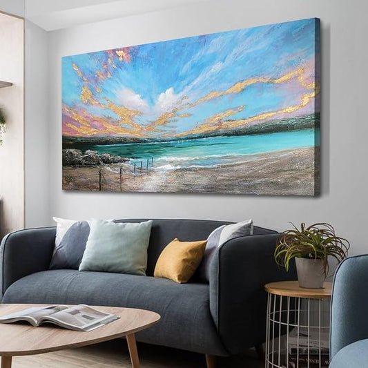 Arjun Ocean Teal Wall Art Canvas Coastal Beach Painting Blue Turquoise Landscape Sunset Picture, Panoramic Gold Foil Textured Large Artwork Framed for Living Room Bedroom Bathroom Wall Decor 48"x24"