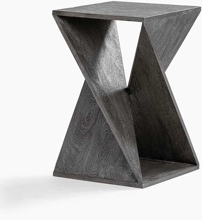 Modern Hand Made One-of-a-Kind Carved Mango Wood End Table, Farmhouse Side Table,Farmhouse End Table,Living Room,Bedroom, Accent Table, Contemporary Architectural Designed Grey,Assembled