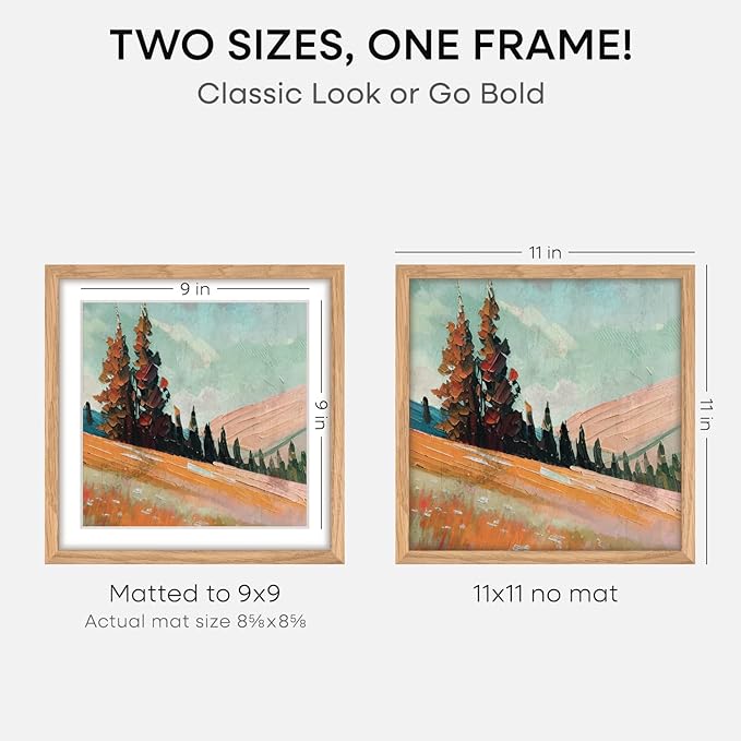 Homeforia 11x11 Picture Frame Wood, High-End Natural Oak 11 x 11 Thin Square Poster Frames with Mat 9 by 9 inch Photo, 11by11 Light Wooden Frame Matted to 9x9 Print, Tempered Glass, Wall Kit, Set of 1