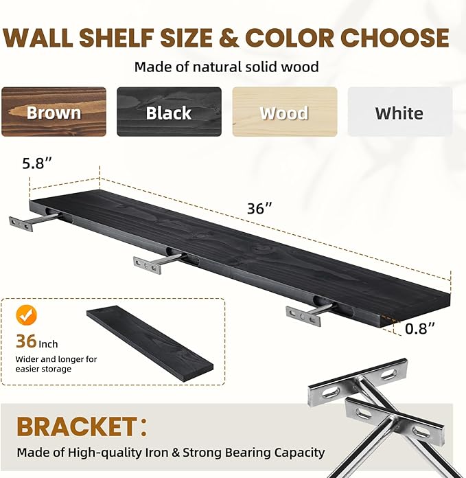 Floating Wall Shelves 2-Pack - 36-Inch Rustic Black Wooden Shelves for Storage and Décor, Easy Installation for Living Room, Bedroom, and Kitchen