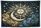 HZOHNAGO Sun Moon Tapestry Boho Golden Stars Pattern Printed Wall Tapestry Wall Hanging for Bedroom Living Room Dorm 60" W x 40" H