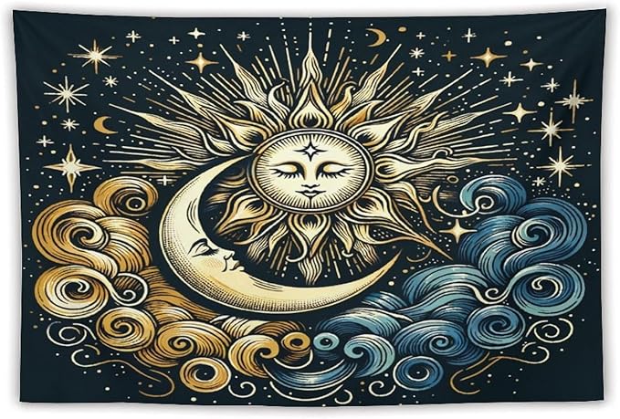 HZOHNAGO Sun Moon Tapestry Boho Golden Stars Pattern Printed Wall Tapestry Wall Hanging for Bedroom Living Room Dorm 60" W x 40" H