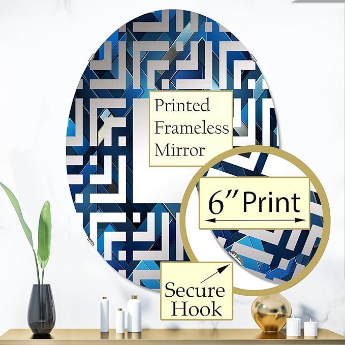 Symmetric Cubes in Deep Cobalt Blue - Geometric Maze - 24x36 Inches - Oval Decorative Wall Mirror for Bathroom, Bedroom, Entryway, Living Room, Vanity Room and Modern Décor