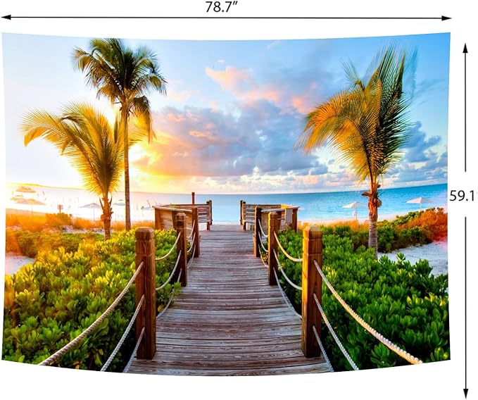 Delur Beach Sunset Tapestry Tropical Seaside Palm Tree Coastal Tapestry Wall Hanging Sunrise Nature Landscape Scenic Psychedelic Headboard for Bedroom Living Room Home Decor (59.1" x 78.7")