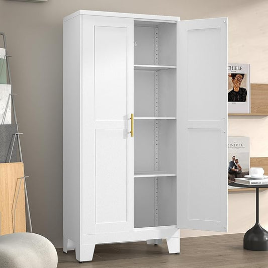 Metal Pantry Cabinet with 2 Doors and Adjustable Shelves - 61" Kitchen Storage Cabinet with Gold Handles - Versatile Storage for Kitchen, Bathroom, Dining Room, Utility Room - White