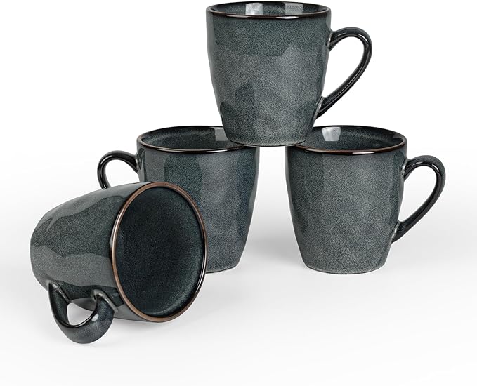 famiware Coffee Mugs Set of 4, Ocean Round 11.5oz Coffee Cup Set with Handle for Cocoa, Milk, Hot Chocolate, Stoneware Cups for Kitchen, Reactive Glaze, Microwave Dishwasher Safe, Deep Forest