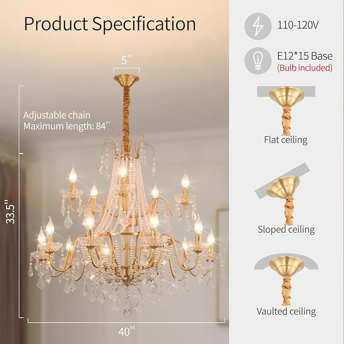 40" Large Brass Crystal Chandeliers,Gold Brushed Brass Chandelier for High Ceiling Living Room Dining Room Staircase Hallway Entryway Foyer(15-Light, Bulb Included)