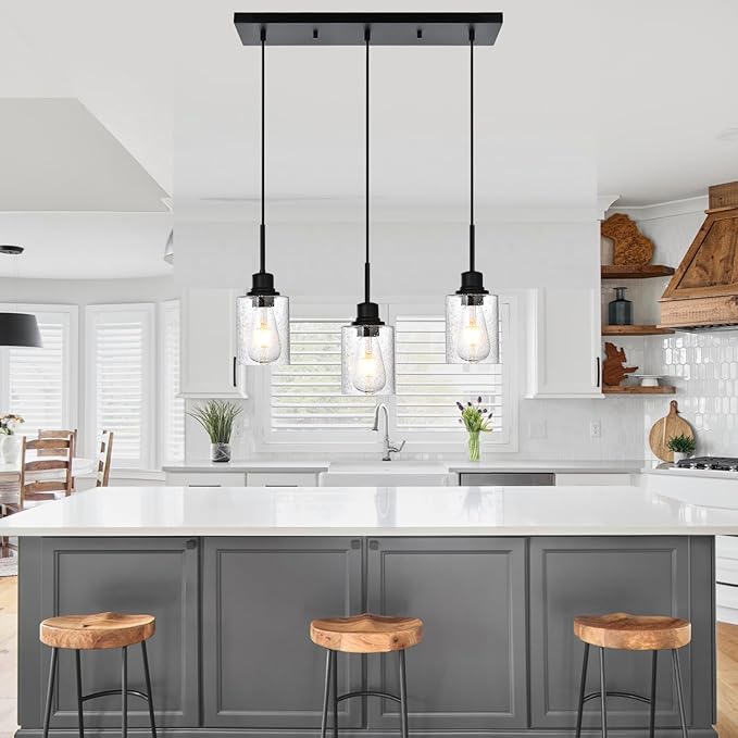 Modern 3-Light Pendant Island Light Fixture Black Ceiling Hanging Lights with Clear Seeded Glass and Adjustable Cord,Industrial Pendant Lighting for Kitchen Living Room Dining Room Foyer