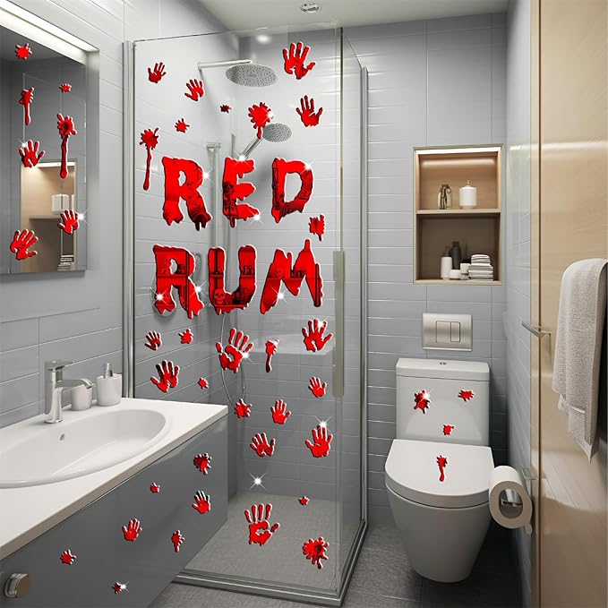 Halloween Decorations Stickers for Wall Bloody Handprint Decals for Bathroom Mirror Acrylic Halloween Party Supplies Decal Peel and Stick Scary Red Blood Stickers for Haunted House Party Home Office