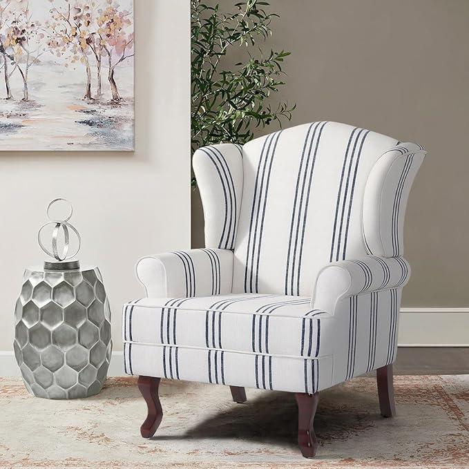 Accent Chair, High Back Upholstered Armchair with High Resilience Sponge & Wood Legs, Mid-Century Modern Comfy Single Sofa Reading Chairs for Living Room, Bedroom (Stripe Navy, Set of 1)