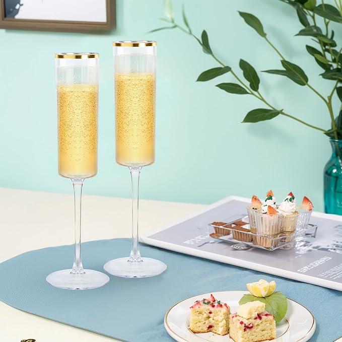 Ciaell 24 Pack Plastic Champagne Flutes - 6Oz Gold Rim Disposable Champagne Glasses - Square Clear Plastic Toasting Glasses for Party Birthday Anniversary Wedding