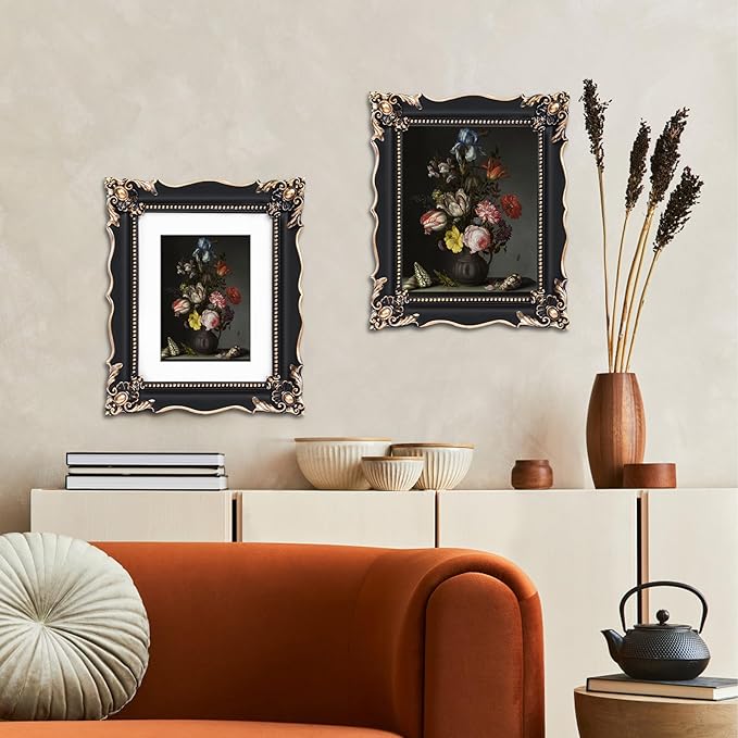 8x10 Vintage Picture Frame with Embossed Flower Design, Black Ornate Frame for 8x10 or 5x7 Pictures with White Mat, Hand-Crafted Resin Antique Frames for Tabletop & Wall Hanging, Home Decor (Black)