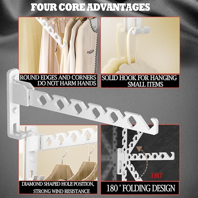 Wall Mount Coat Hanger Holder White Clothes Drying Organizer Rack Garment Hooks Aluminium Retractable Folding Indoor Wall Mounted Hanger Space Saver for Laundry Room Bedroom White 2 Pack with 8 Hooks
