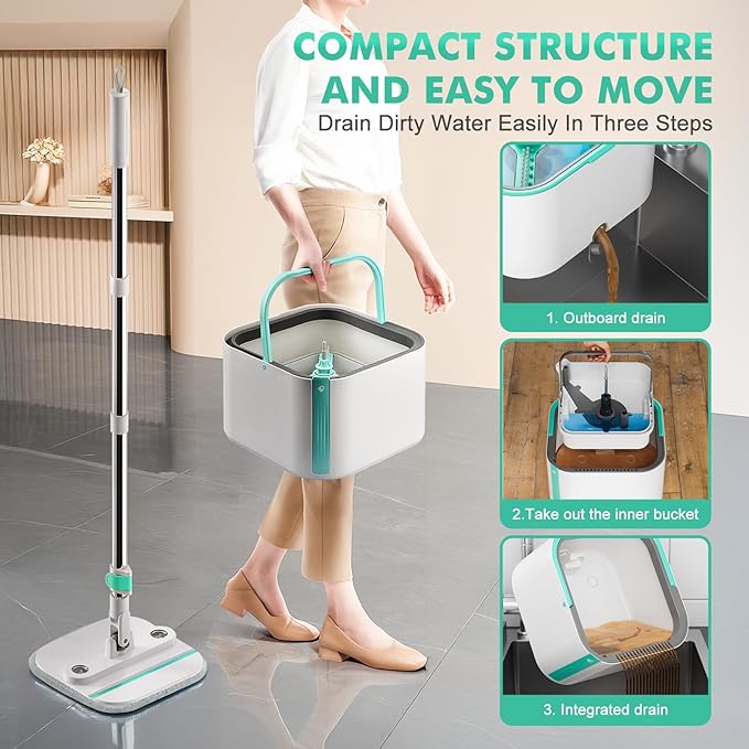 Upgraded Spin Mop and Bucket Set Self-Standing Mop Bucket Separate Dirty and Clean Water System Self Wringing 360° Rotating 90° Foldabl Mops and Buckets for Floor Cleaning (Blue, 6Pads)