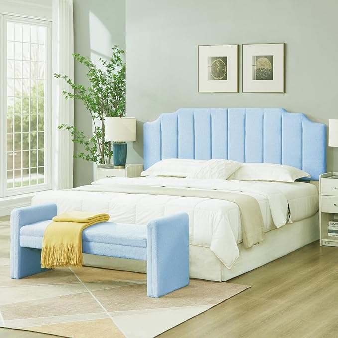 24KF Light Blue Teddy Fabric Tufted King Upholstered Headboard, Modern Vertical Channel Design California King Headboard with Stepped Silhouette Top Edge,6026-K-Teddy Light Blue