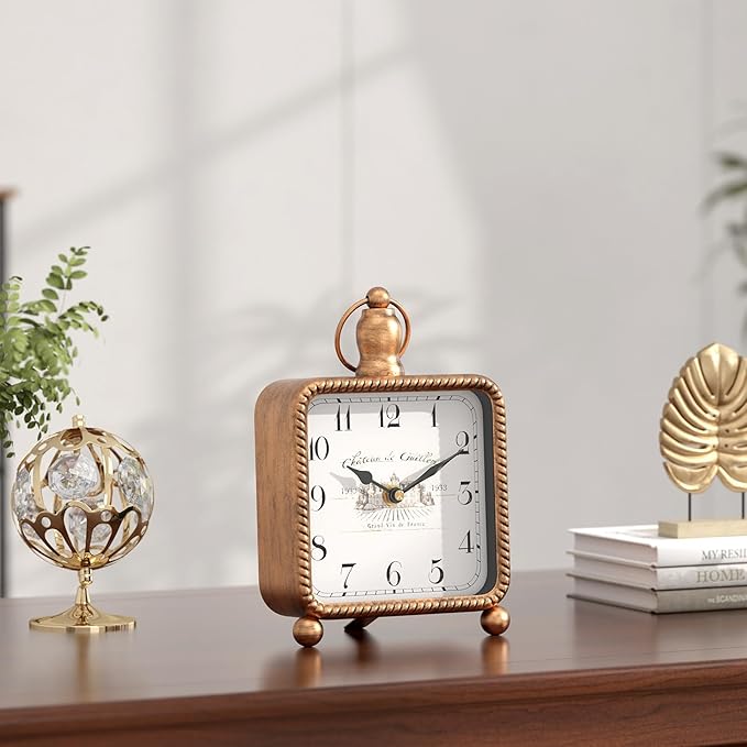 Vintage Gold Table Clock on Stand, Desk and Shelf Decor Clock, French Rustic Style Non-Ticking Mantel Clocks for Farmhouse, Living Room, Bedroom, Bedside, Gift (8.5" H x 5.5" W)