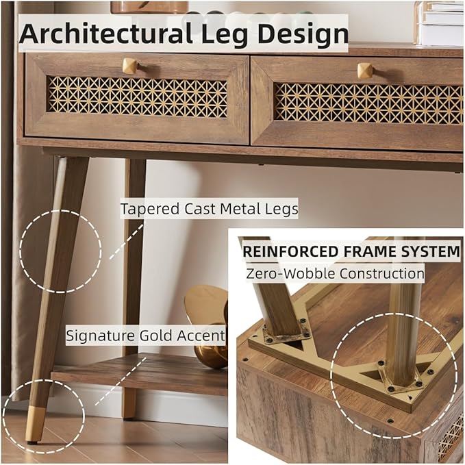 Narrow Sofa Table with Two Drawers and Shelf, Modern Style Wooden Console Table for Living Room, Entryway, Hallway, Rustic Oak