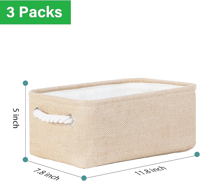 Bidtakay Small Storage Baskets for Shelves 3 Pack Fabric Storage Bins for Organizing Linen Collapsible Organizer for Closet-Flaxen