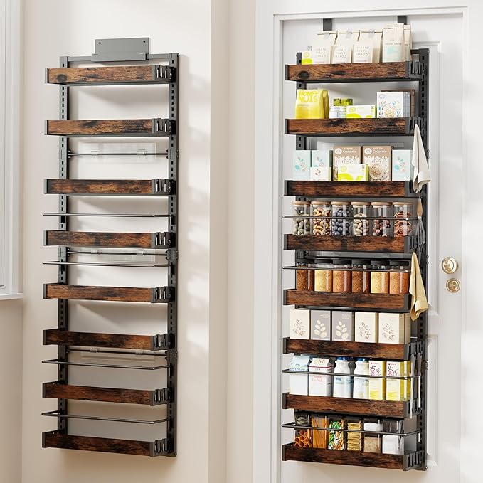 8 Tier Over The Door Pantry Organizer, 2 IN 1 Wall Mount or Metal Hanging Spice Rack for Pantry Organizers and Storage, Seasoning Shelves，Adjustable Basket with Hooks for Kitchen, Bathroom,Laundry