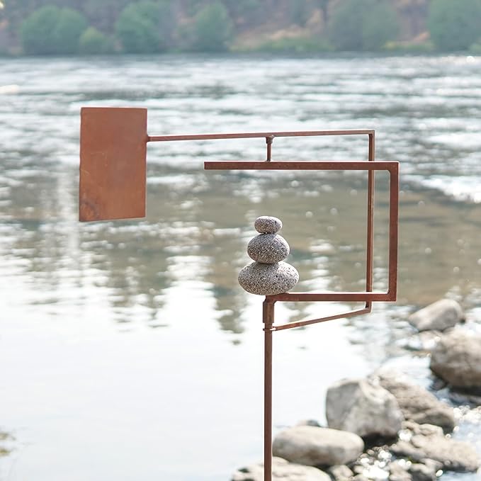 Modern Zen Garden Spinner Kinetic Wind Sculpture with Rock Cairn & Stake - Relaxing Outdoor Spinners for Yard and Garden - Handmade Outdoor Wind Art Vane Sculptures (Bare Steel)