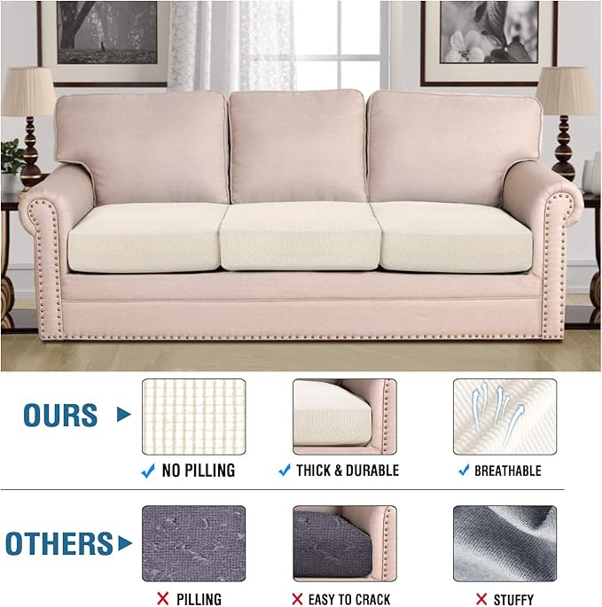 H.VERSAILTEX Super Stretch Individual Seat Sofa Covers Couch Slipcover Sets Thick Jacquard Textured Twill Fabric (3 Piece XL Sofa Cushion Covers, Natural)