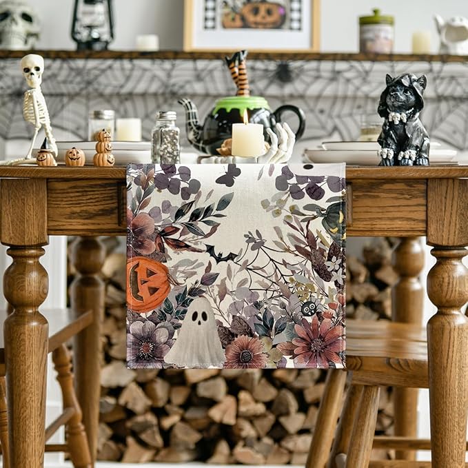 Artoid Mode Jack-O'-Lantern Pumpkin Floral Ghost Halloween Table Runner, Eucalyptus Kitchen Dining Table Decoration for Home Party Decor 13x120 Inch
