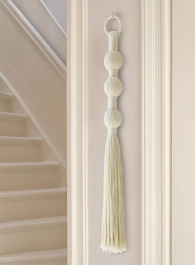 Macrame Wall Hanging Small Sphericity Cotton Textile Tassel Wall Hanging Fiber Yarn Art for Living Room Bedroom 27'' L x 2.3'' W