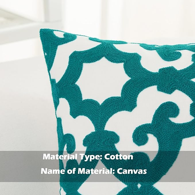 HWY 50 Teal Decorative Throw Pillow Covers 18x18 Inch (1 Piece), Embroidered Cotton Farmhouse Cushion Cover Pillow Case for Sofa Couch Living Room Bed, Geometric