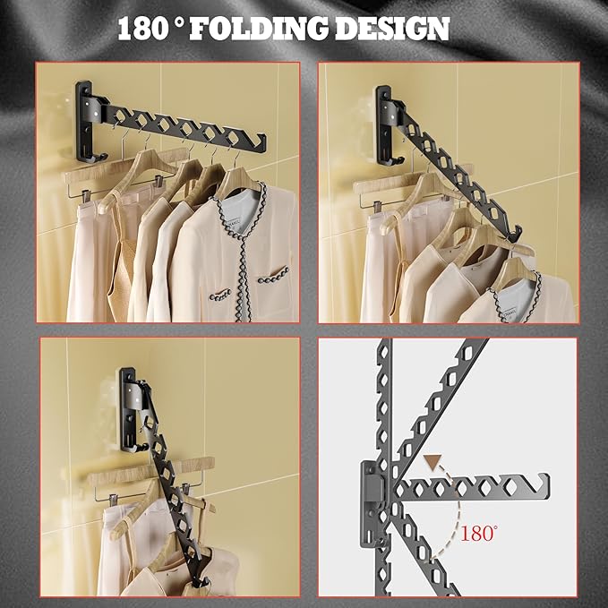 Dr.DJ Wall Mount Coat Hanger Holder Black Clothes Drying Organizer Rack Garment Hooks Aluminium Retractable Folding Indoor Wall Mounted Hanger for Laundry Room Bedroom Black 2Pack with 80cm Rod