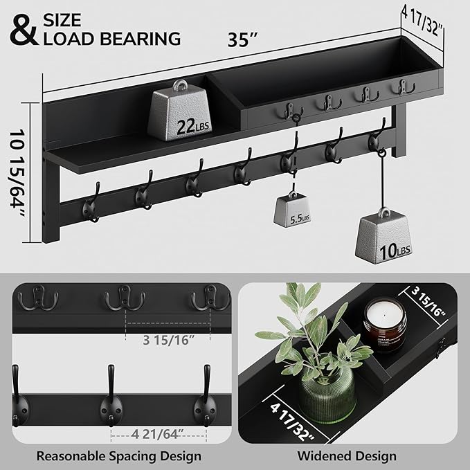 AMBIRD 35 inch Wall Hooks with Shelf, Coat Rack Wall Mount, Large Coat Hanger for Wall, Entryway Shelf with 7 Dual Coat Hooks, 4 Key Hooks and Mail Organizer, Wooden Key Holder Rack (Black)