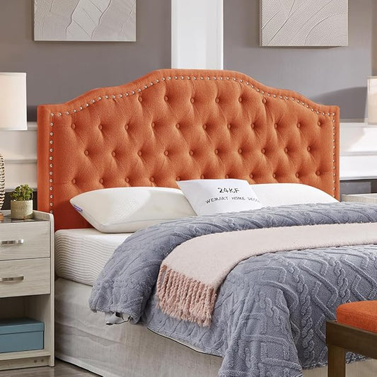 24KF Upholstered Button Tufted Queen Headboard with Nailhead Trim, Elegant Boucle Fabric Full headboard, 6031-Q-Boucle-Orange