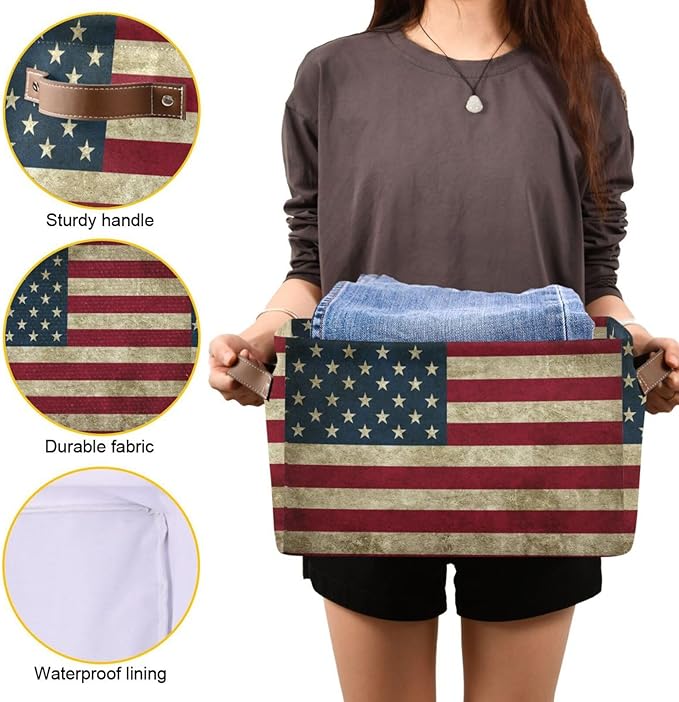 Storage Basket Bin Vintage Retro American Flag Organizer Basket Collapsible Shelf Basket Cube with handle for Nursery Bedroom Bathroom, one sizex1