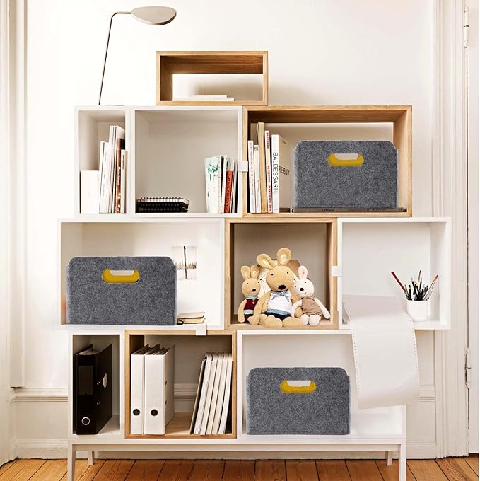 Welaxy Storage Baskets Collapsible Felt Storage bin Foldable Shelf Drawers Organizers for Kids Pet Toys magazine Books Clothes Closet Cabinet decluttering (Curry x 3)