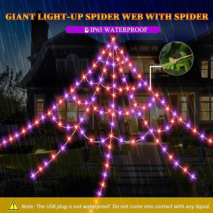 Halloween Spider Web Lights 550 LED Lighted Spider Web 16.4Ft Giant Halloween Decorations Light up with 8 Lighting Modes Waterproof & Timer for Indoor Outdoor House Haunted Yard Decor, Purple & Orange
